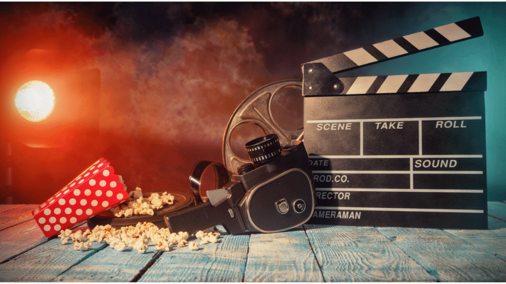 Vintage film camera, popcorn, and a movie clapperboard set against a dramatic backdrop with colorful lighting, symbolizing film production and movie-making